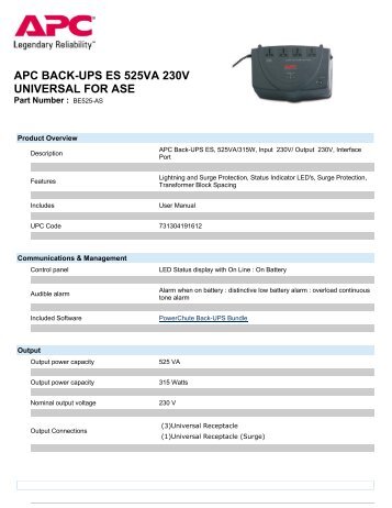 APC BACK-UPS ES 525VA 230V UNIVERSAL FOR ASE