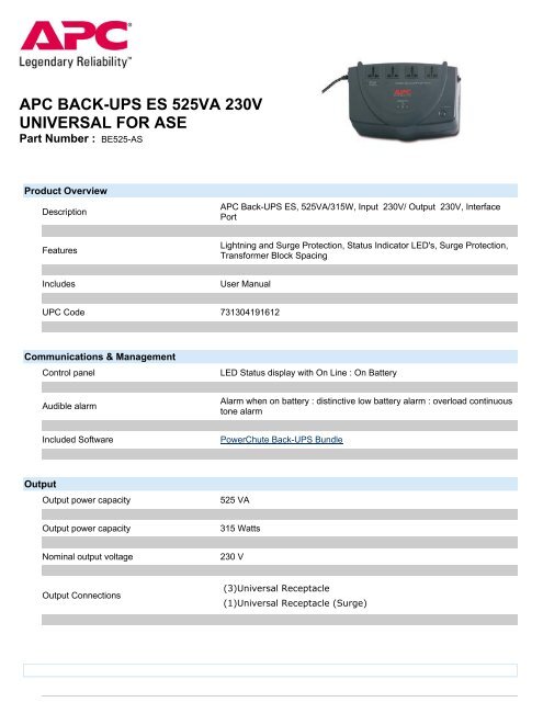 APC BACK-UPS ES 525VA 230V UNIVERSAL FOR ASE