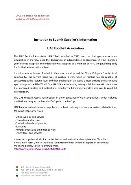 Invitation to Submit Supplier's Information UAE Football Association