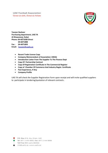 Invitation to Submit Supplier's Information UAE Football Association