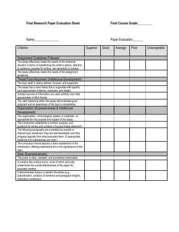 Final Research Paper Evaluation Sheet Final Course Grade