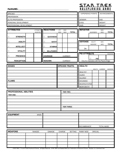 PC Character Sheet - CODA Star Trek RPG Support