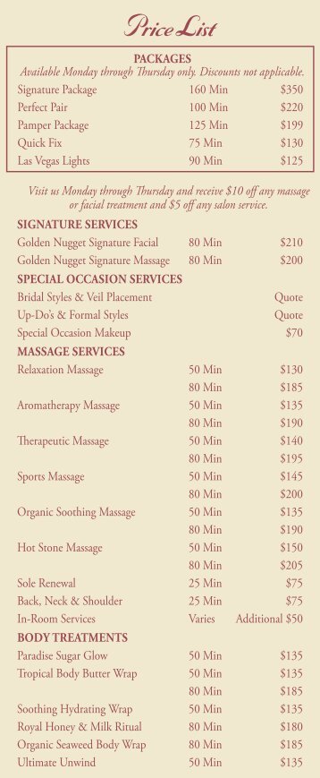 Price List - Golden Nugget