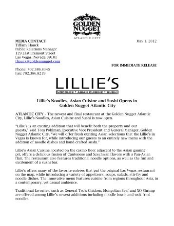 Lillie's Noodles, Asian Cuisine and Sushi Opens in Golden Nugget ...