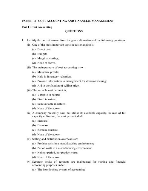 PAPER – 4 : COST ACCOUNTING AND FINANCIAL MANAGEMENT ...