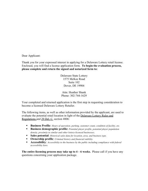 Cover Letter - The Delaware Lottery