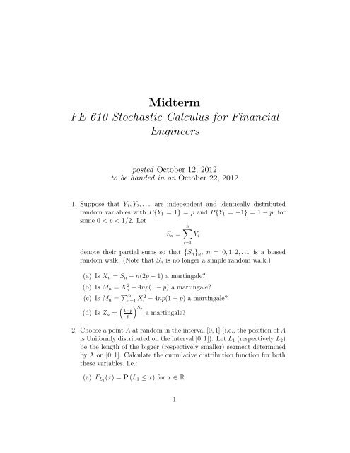 Midterm Fe 610 Stochastic Calculus For Financial Engineers