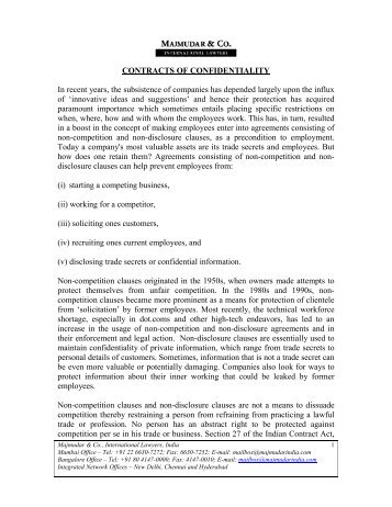 Contracts of confidentiality and non-compete with ... - Majmudar & Co.