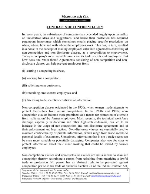 Contracts of confidentiality and non-compete with ... - Majmudar & Co.