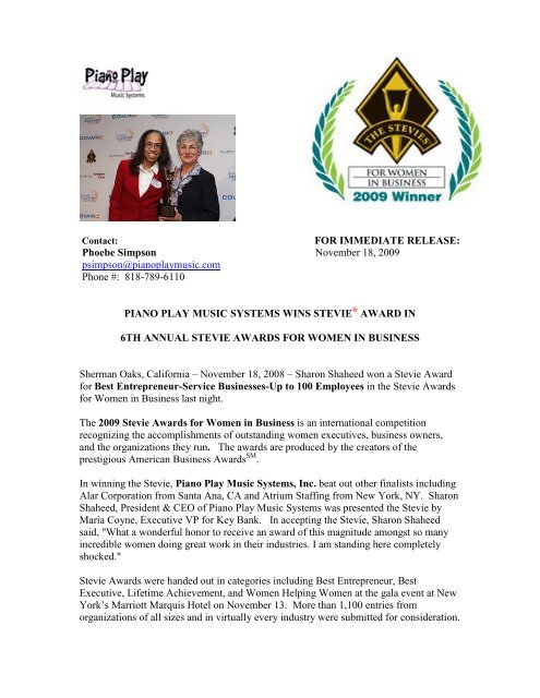 Stevie Winner Press Release Template Piano Play Music Systems