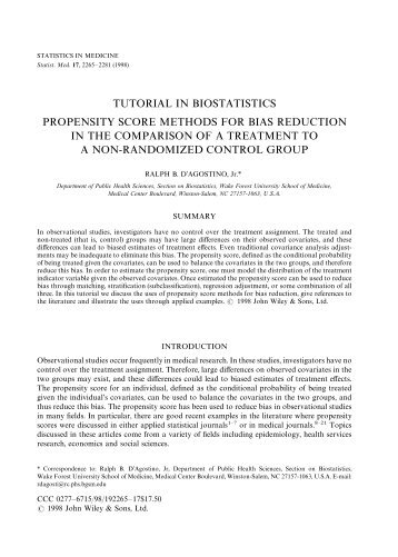 Propensity score methods for bias reduction in the comparison of a ...