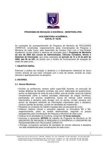 PROGRAMA DE INICIAÇÃO À DOCÊNCIA – MONITORIA (PID ...