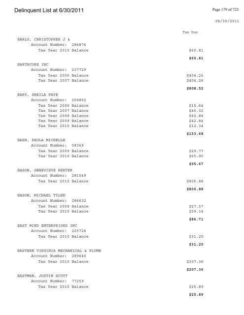 Delinquent List at 6/30/2011 - Gloucester County Virginia