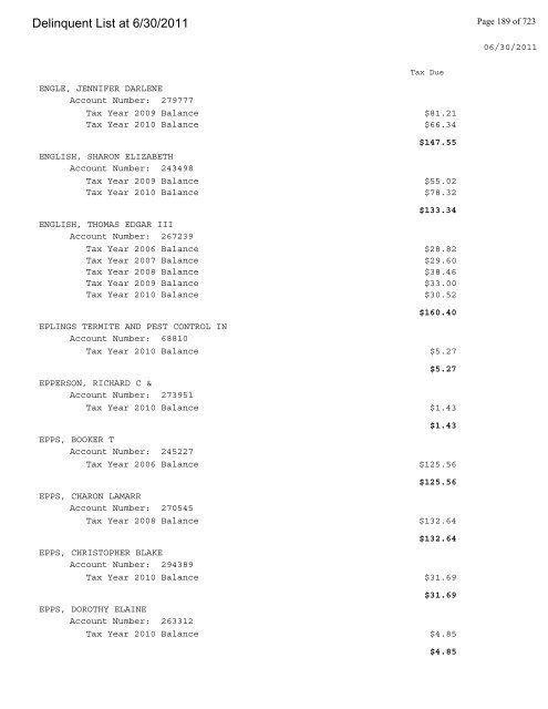 Delinquent List at 6/30/2011 - Gloucester County Virginia