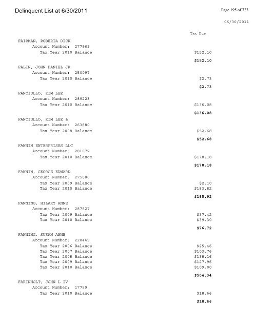 Delinquent List at 6/30/2011 - Gloucester County Virginia