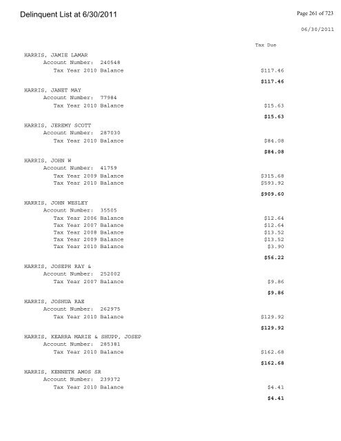 Delinquent List at 6/30/2011 - Gloucester County Virginia