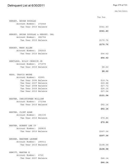 Delinquent List at 6/30/2011 - Gloucester County Virginia