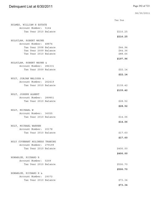 Delinquent List at 6/30/2011 - Gloucester County Virginia