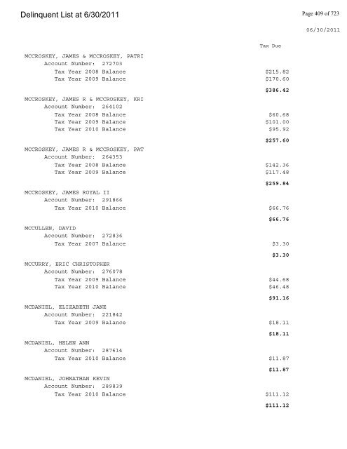 Delinquent List at 6/30/2011 - Gloucester County Virginia