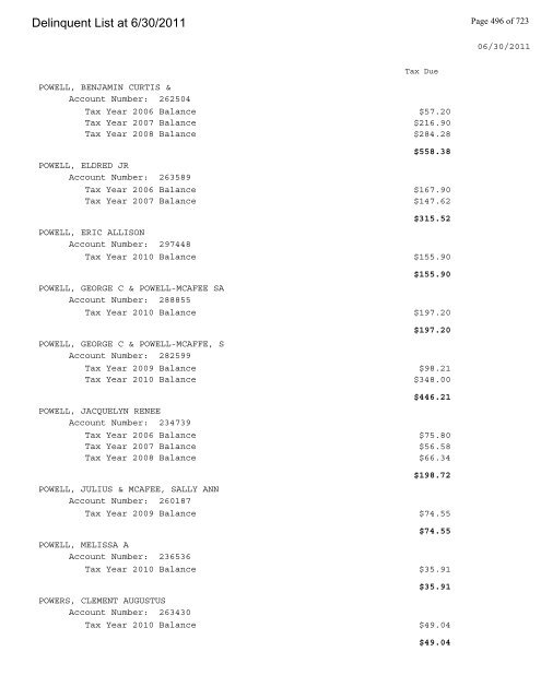 Delinquent List at 6/30/2011 - Gloucester County Virginia