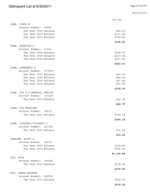 Delinquent List at 6/30/2011 - Gloucester County Virginia