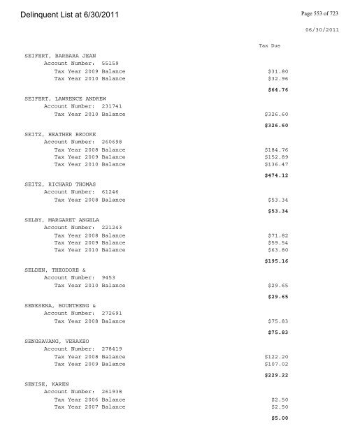 Delinquent List at 6/30/2011 - Gloucester County Virginia