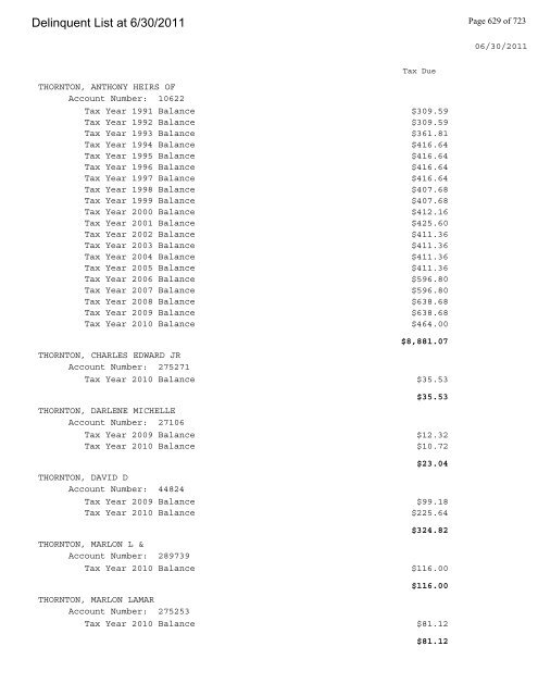 Delinquent List at 6/30/2011 - Gloucester County Virginia