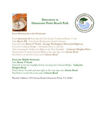 Directions to Gloucester Point Beach Park - Gloucester County Virginia