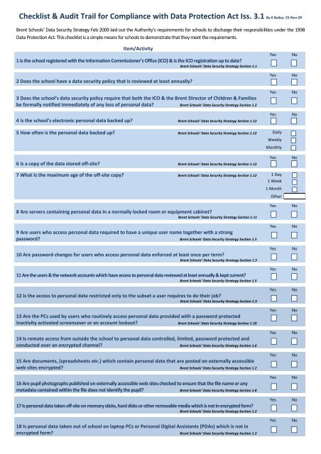 Checklist and audit trail for compliance with Data Protection Act ...