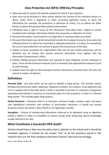 Checklist and audit trail for compliance with Data Protection Act ...