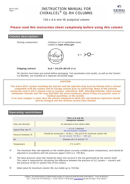 Instruction Manual For Chiralcela A Oj Rh Columns Instruction Manual For Chiralcela A Oj Rh Columns