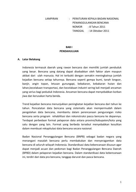Peraturan Kepala BNPB No.08 Tahun 2011