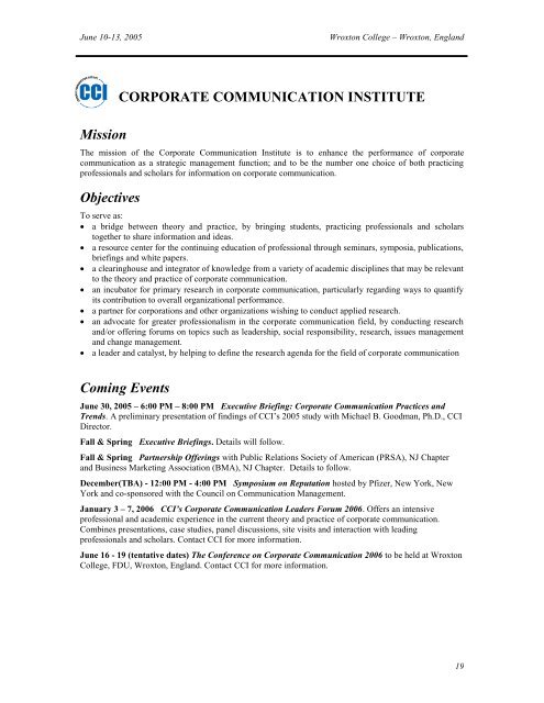 CCI Conference on Corporate Communication 2005 Program