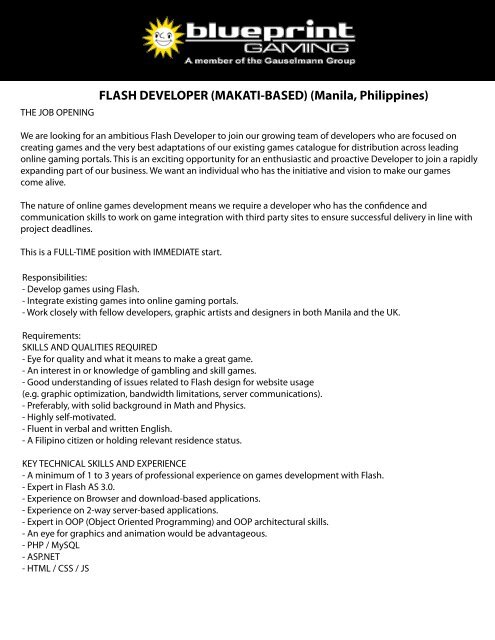 FLASH DEVELOPER (MAKATI-BASED) (Manila ... - Blueprint Gaming