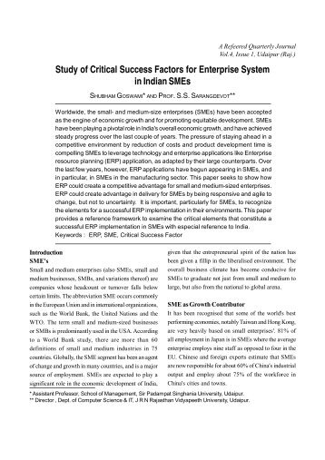 Study of Critical Success Factors for Enterprise System in Indian SMEs