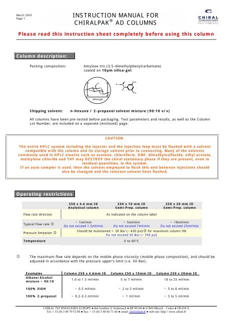 Instruction Manual For Chiralpaka A Ad Columns Instruction Manual For Chiralpaka A Ad Columns