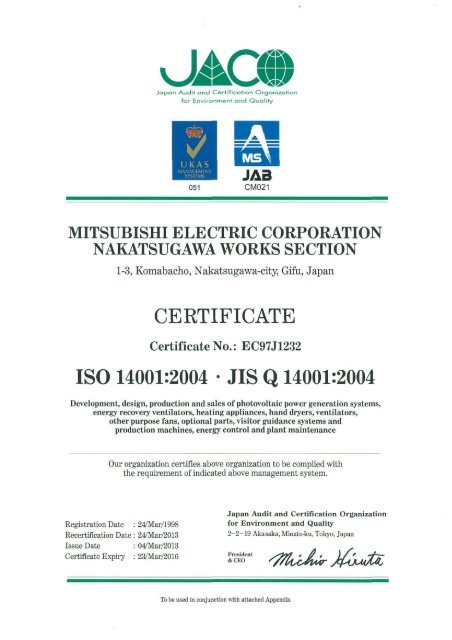 Certificate Nakatasugawa Works ISO 14001 - Mitsubishi Electric