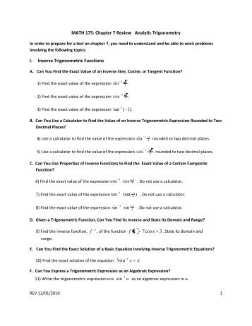 MATH 175: Chapter 7 Review Analytic Trigonometry - The Learning ...