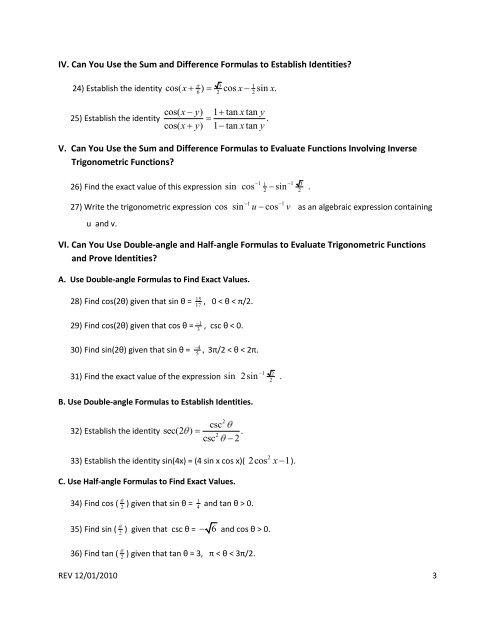 MATH 175: Chapter 7 Review Analytic Trigonometry - The Learning ...