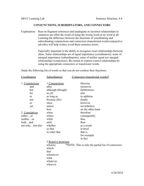 Conjunctions Subordinators And Conjunctions Subordinators And