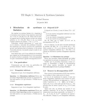 TD Maple 5 : Matrices & Syst`emes LinÃ©aires - Michael Monerau