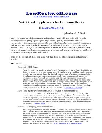 Nutritional Supplements for Optimum Health - Donald W. Miller