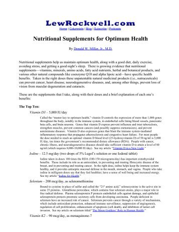 Nutritional Supplements for Optimum Health - Donald W. Miller