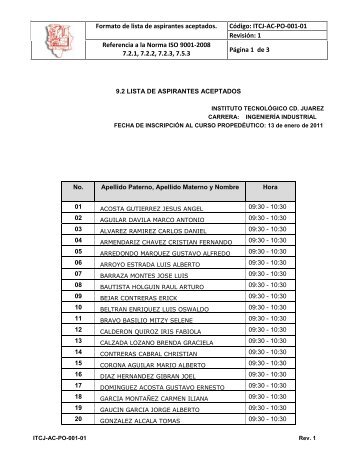 Formato de lista de aspirantes aceptados. CÃ³digo: ITCJ-AC-PO-001 ...