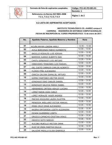 Formato de lista de aspirantes aceptados. CÃ³digo: ITCJ-AC-PO-001 ...