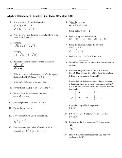 Algebra 2 Semester 2 Practice Final Summer 13