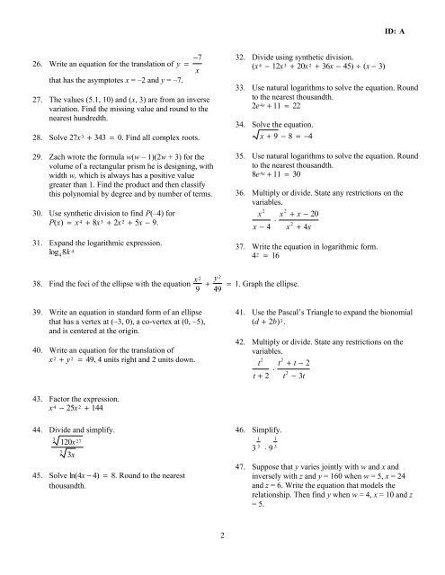 Algebra 2 Semester 2 Practice Final Summer 13