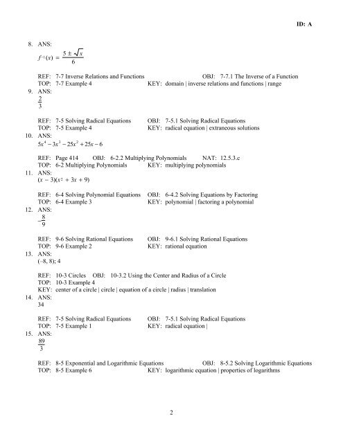 Algebra 2 Semester 2 Practice Final Summer 13