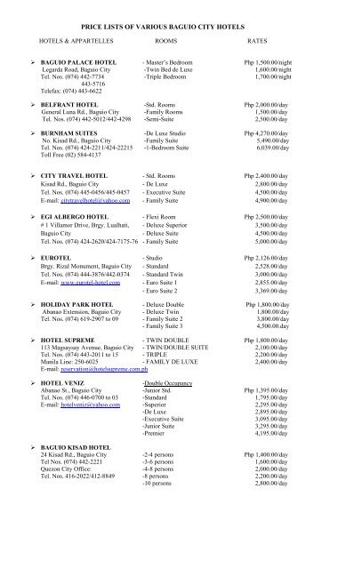 Price Lists Of Various Baguio City Hotels
