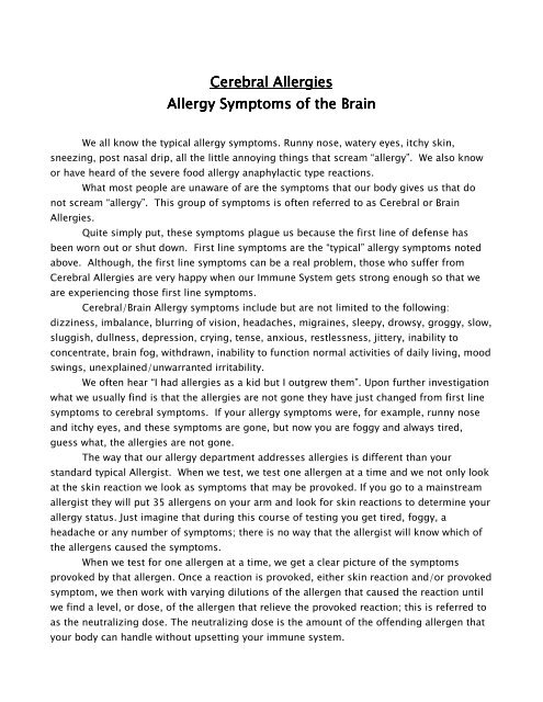 Cerebral Allergies Cerebral Allergies Allergy Symptoms of the Brain ...